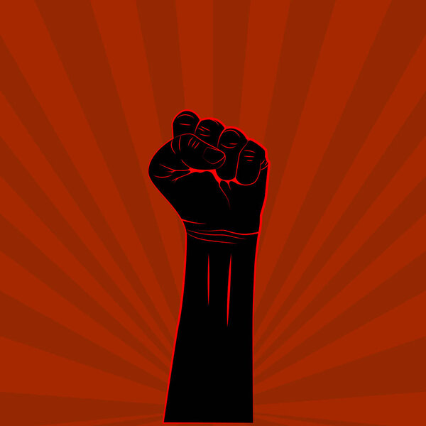 Black hand with fist raised up on red background protest or revolution poster. Vector