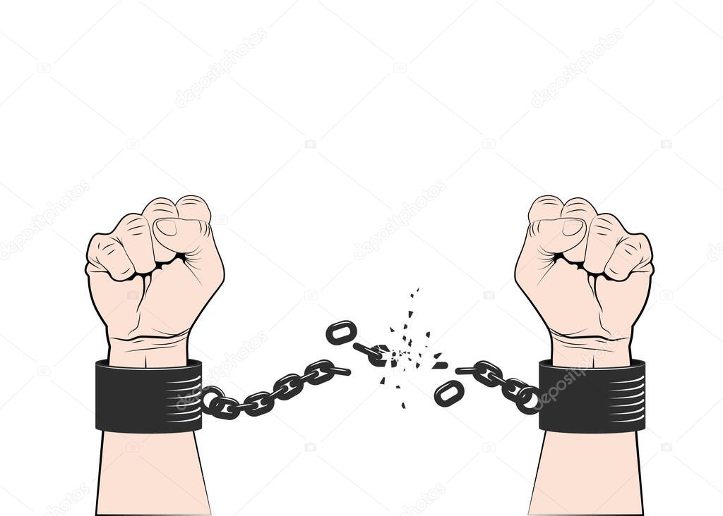 Two hands clenched into fist tearing chains or fetter. Symbol of revolution and freedom. Freedom concept. Vector