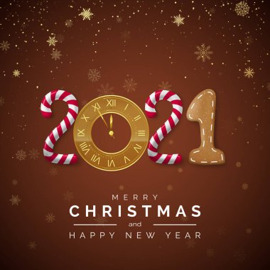 Yeni yıl 2021. İçinde 2021 harfleri olan tebrik kartı. Şeker ve Altın Saat, Yılbaşı ağacı dalı ve Noel zencefilli çöreği. Vektör