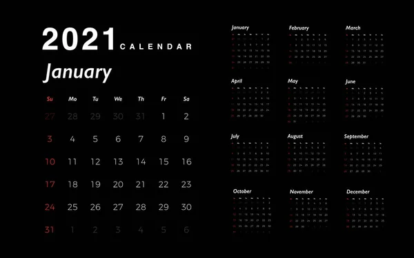 Calendario 2021 Año Nuevo Números Blancos Días Con Fines Semana — Vector de stock