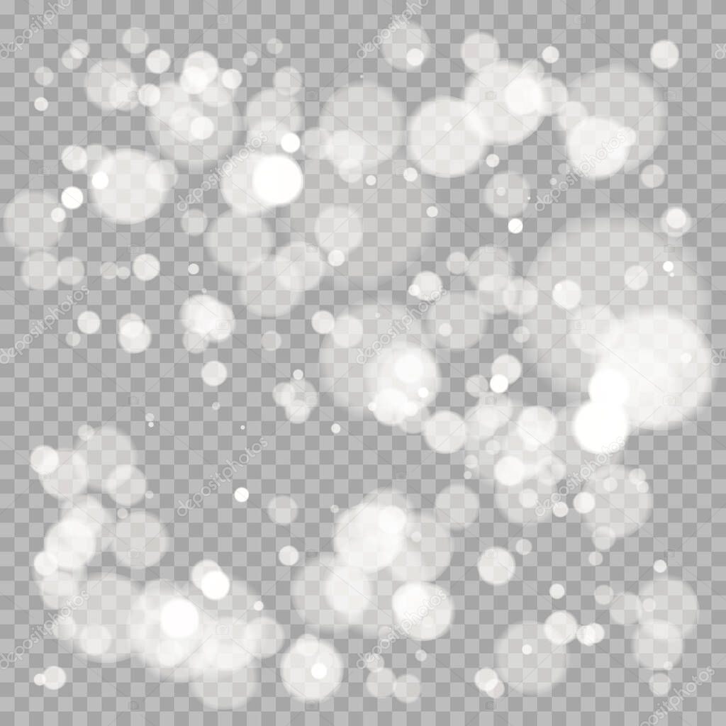 Effect of bokeh. Festive background with defocused lights. Christmas glowing glitter element. Vector illustration isolated on transparent background