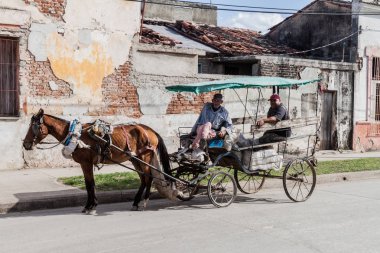 Camagüey, Cuba - 26 Ocak 2016: Yerli oturup Camagüey bir at arabası.
