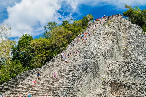 Coba, Meksika - 1 Mart 2016: Turizm tırmanma piramit Nohoch Mul Coba, Meksika Maya şehir kalıntıları