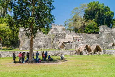 Tikal, Guatemala - 14 Mart 2016: Arkeolojik Gran Plaza'da turist Tikal, Guatemala site