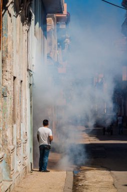 Havana, Küba - 24 Şubat 2016: Havana evleri sivrisinek zika virüsü taşıyan karşı mücadele bir parçası olarak dezenfekte.