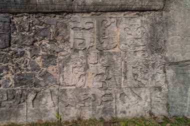 Chichen Itza, Meksika kabartmalar arkeolojik büyük top oyunu sarayda, oyuncuların sitesi.