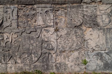 Chichen Itza, Meksika kabartmalar arkeolojik büyük top oyunu sarayda, oyuncuların sitesi.