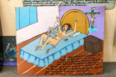 Antigua, Guatemala - 26 Mart 2016: Retablo (Lamine), Meksikalı bir halk sanat adanmışlık resim. İsa kabuslar sunmak için teşekkürler.