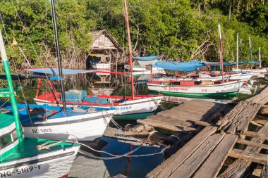 Boca De Miel, Küba - 4 Şubat 2016: Balıkçı tekneleri, Rio Miel nehir ağzı Baracoa, Küba yakınındaki demir attı