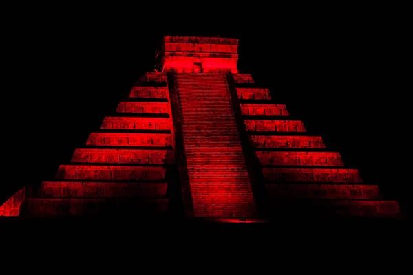 Night view of Kukulkan pyramid in ancient Mayan city Chichen Itza, Mexico