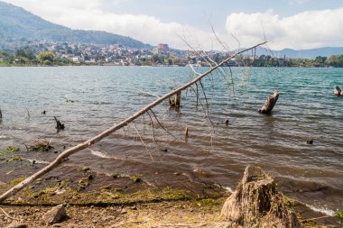 Atitlan sahil göl, Guatemala. Batma ağaçlarının neden bu göl seviyesinin. Santiago Atitlan Köyü görünür.