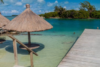 Tablo ve bir şemsiye bir su adasında Caye Caulker, Belize