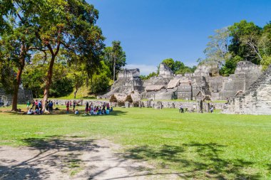 Tikal, Guatemala - 14 Mart 2016: Arkeolojik Gran Plaza'da turist Tikal, Guatemala site