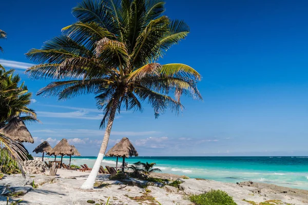 Idealne Plażę Nad Morzem Karaibskim Tulum Meksyku — Zdjęcie stockowe