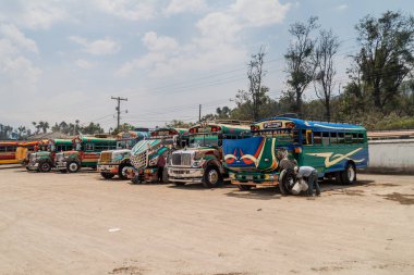 Antigua, Guatemala - 28 Mart 2016: Renkli tavuk otobüs, eski bize otobüs, okul, ana otobüs terminali Antigua Guatemala City'de sıralanır.
