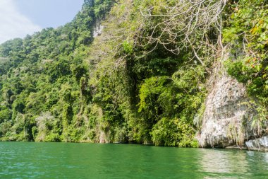 Sarp tepeler Rio Dulce nehir, Guatemala astar