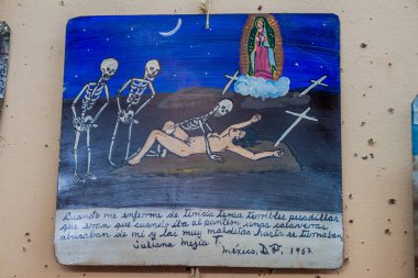 Antigua, Guatemala - 26 Mart 2016: Retablo (Lamine), Meksikalı bir halk sanat adanmışlık resim. Kabuslar sunmak için teşekkürler.