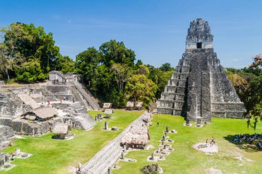 Tikal, Guatemala - 14 Mart 2016: Arkeolojik Gran Plaza'da turist Tikal, Guatemala site