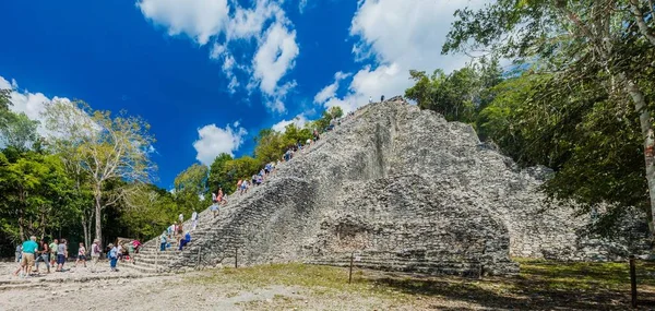 Coba, Meksika - 1 Mart 2016: Turizm tırmanma piramit Nohoch Mul Coba, Meksika Maya şehir kalıntıları