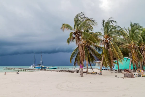 Avuç içi ve plaj köyde Caye Caulker, Belize. Fırtına geliyor.