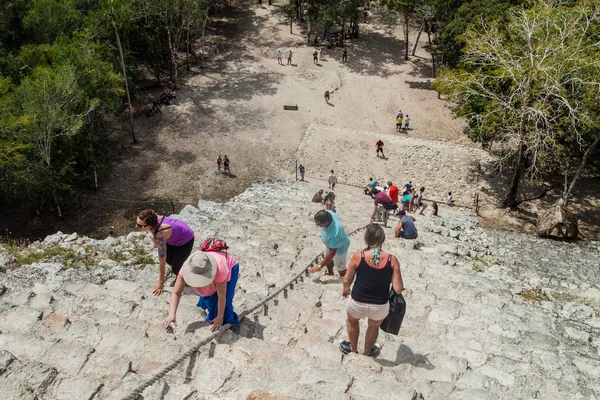 Coba, Meksika - 1 Mart 2016: Turizm tırmanma piramit Nohoch Mul Coba, Meksika Maya şehir kalıntıları