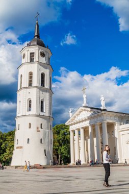 Vilnius, Litvanya - 15 Ağustos 2016: Katedrali Bazilikası, St Stanislaus ve St. Vladislav üzerinde Katedral Meydanı ile onun Belfry Vilnius, Litvanya.