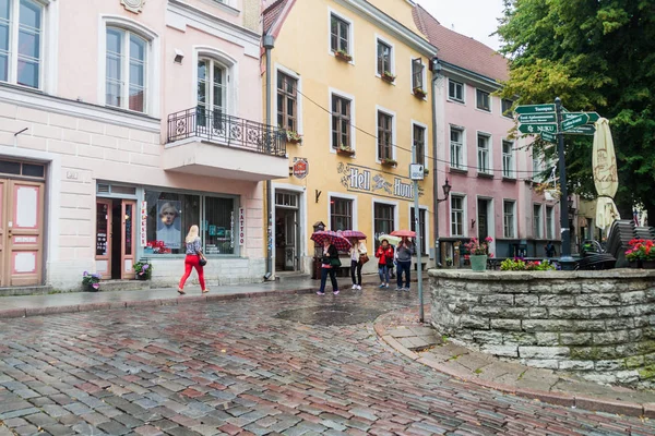 Tallinn Estland Augusti 2016 Människor Promenad Längs Kullerstensbelagda Gatan Pikk — Stockfoto