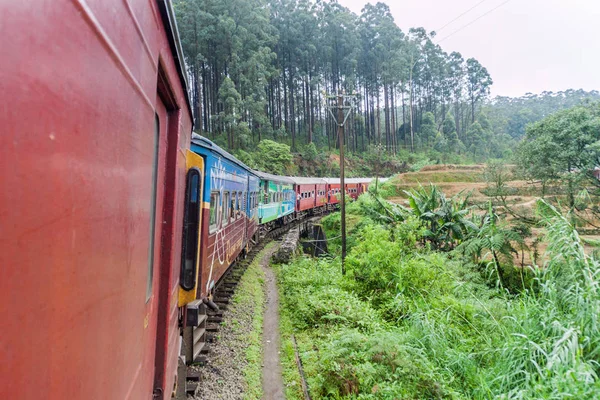 Nanu Oya, Sri Lanka - 16 Temmuz 2016: Nanu Oya village, Sri Lanka yakınındaki kırsal manzara aracılığıyla yerel tren sürmek