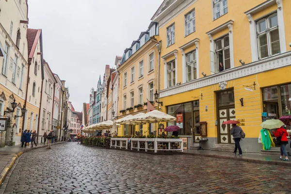 Tallinn, Estonya - 22 Ağustos 2016: İnsanlar yürüyüş Arnavut kaldırımlı Pikk cadde eski Tallinn şehir boyunca.