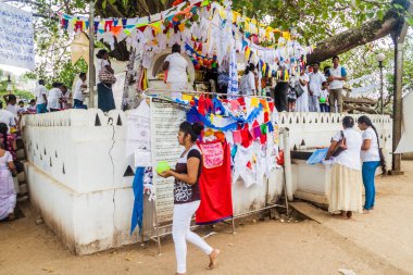Kandy, Sri Lanka - 19 Temmuz 2016: beyaz giysili Budist hacılar ziyaretinde Wel Bodiya Bodhi ağacı ile murat (dolunay) Tatil Kandy, Sri Lanka