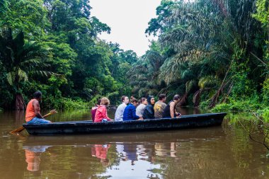 Tortuguero, Kosta Rika - 15 Mayıs 2016: tekne turist Tur izlerken yaban hayatı sırasında.