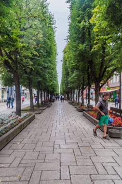 Kaunas, Litvanya - 16 Ağustos 2016: Laisves aleja Kaunas, Litvanya sokak boyunca insanlar yürüyüş.