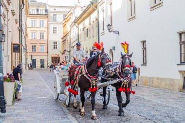 Krakow, Polonya - 3 Eylül 2016: At arabası ile turistler Krakow sokaklarında geçiyor.