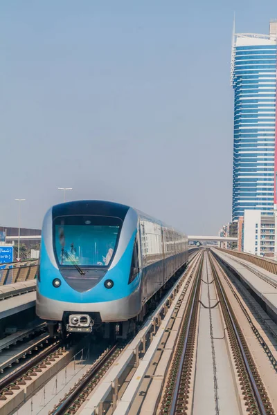 Train on elevated stretch of Dubai metro, United Arab Emirates