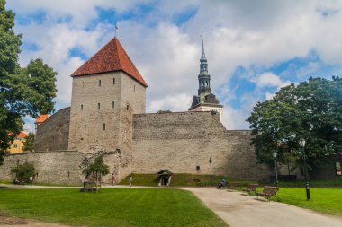 Tallinn, Estonya - 23 Ağustos 2016: İnsanlar Tallinn, Estonya fortiication surlarının yanındaki bir parkta