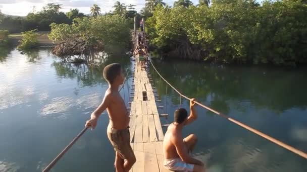 Ponte suspensa sobre o rio Rio Miel — Vídeo de Stock