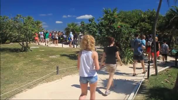 Turyści odwiedzają ruiny Tulum — Wideo stockowe