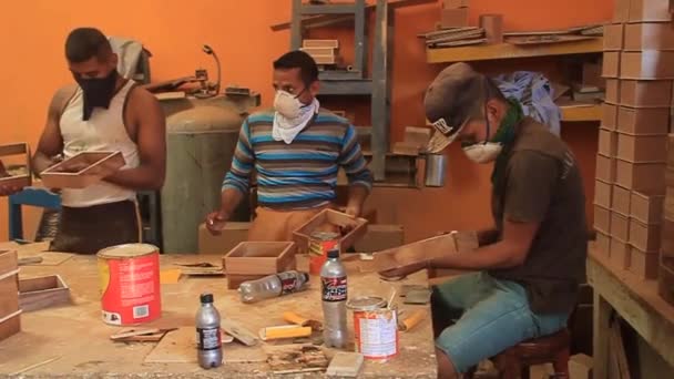 Munkavállalók fedőlevél fadobozok gyártása — Stock videók
