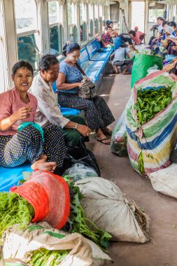 Yangon, Myanmar - 16 Aralık 2016: Commuters Yangon yerel bir trende bir taşıma hattı daire.