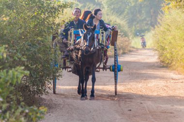 Bagan, Myanmar - 7 Aralık 2016: Turistler Bagan, Myanmar at arabası.