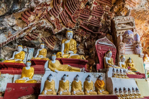 Statues Bouddha Dans Grotte Kawgun Près Hpa Myanmar — Photo