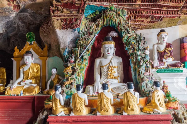 Statues Bouddha Dans Grotte Kawgun Près Hpa Myanmar — Photo