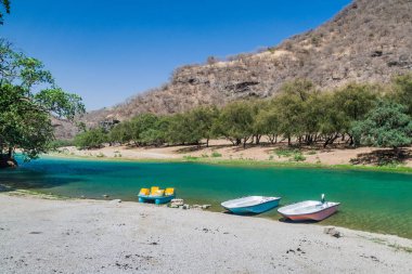 Salalah yakınlarındaki Wadi Dharbat küçük bir gölde Tekneler, Umman.