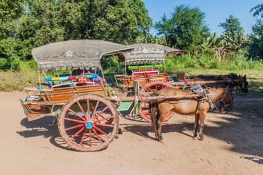 Inwa, Myanmar - 5 Aralık 2016: Myanmar'ın Mandalay kenti yakınlarındaki Inwa (Ava) antik kentinde turistleri bekleyen at arabaları