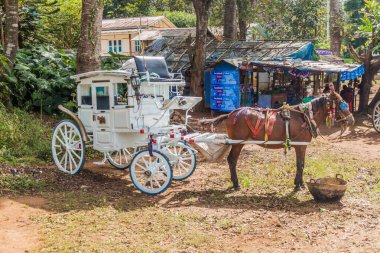 Pyin Oo Lwin, Myanmar - 29 Kasım 2016: Pyin Oo Lwin kasabasında at arabası, Myanmar