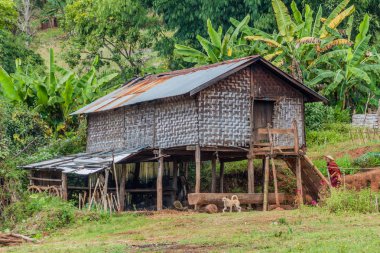 Hsipaw, Myanmar - 1 Aralık 2016: Genç Budist keşiş, Myanmar'ın Hsipaw kenti yakınlarındaki ayaklıklar üzerinde bir köy evine girdi