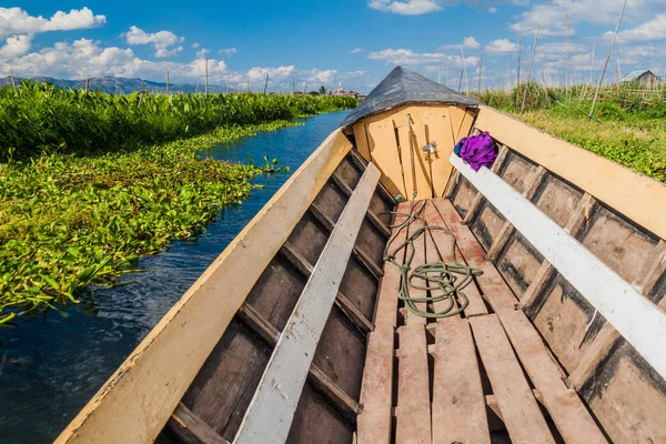 Barco Madera Jardines Flotantes Lago Inle Myanmar — Foto de Stock