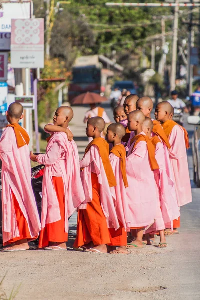 Nyaungshwe Myanmar Listopada 2016 Młode Zakonnice Buddyjskie Idą Rano Jałmuż — Zdjęcie stockowe