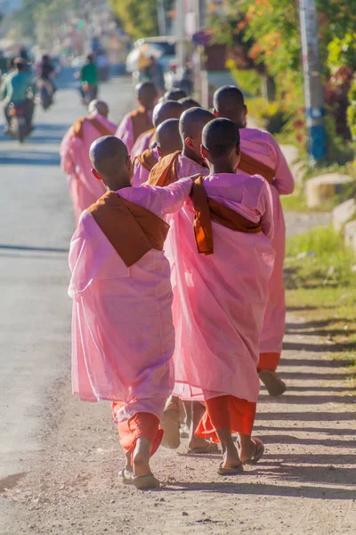 Nyaungshwe Myanmar November 2016 Unga Buddhistiska Nunnor För Morning Allmosor — Stockfoto