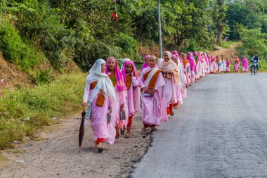 Hsipaw, Myanmar - 1 Aralık 2016: Genç Budist rahibeler Myanmar'ın Hsipaw kenti yakınlarındaki bir köyde sabah sadakaları için gidiyor